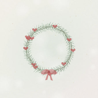 Diseño de tarjeta de Navidad con una corona de pino verde, frutos rojos y un moño rojo