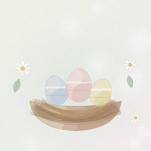Diseño de tarjeta de Pascua con huevos en tonos pastel en un nido y pequeñas margaritas