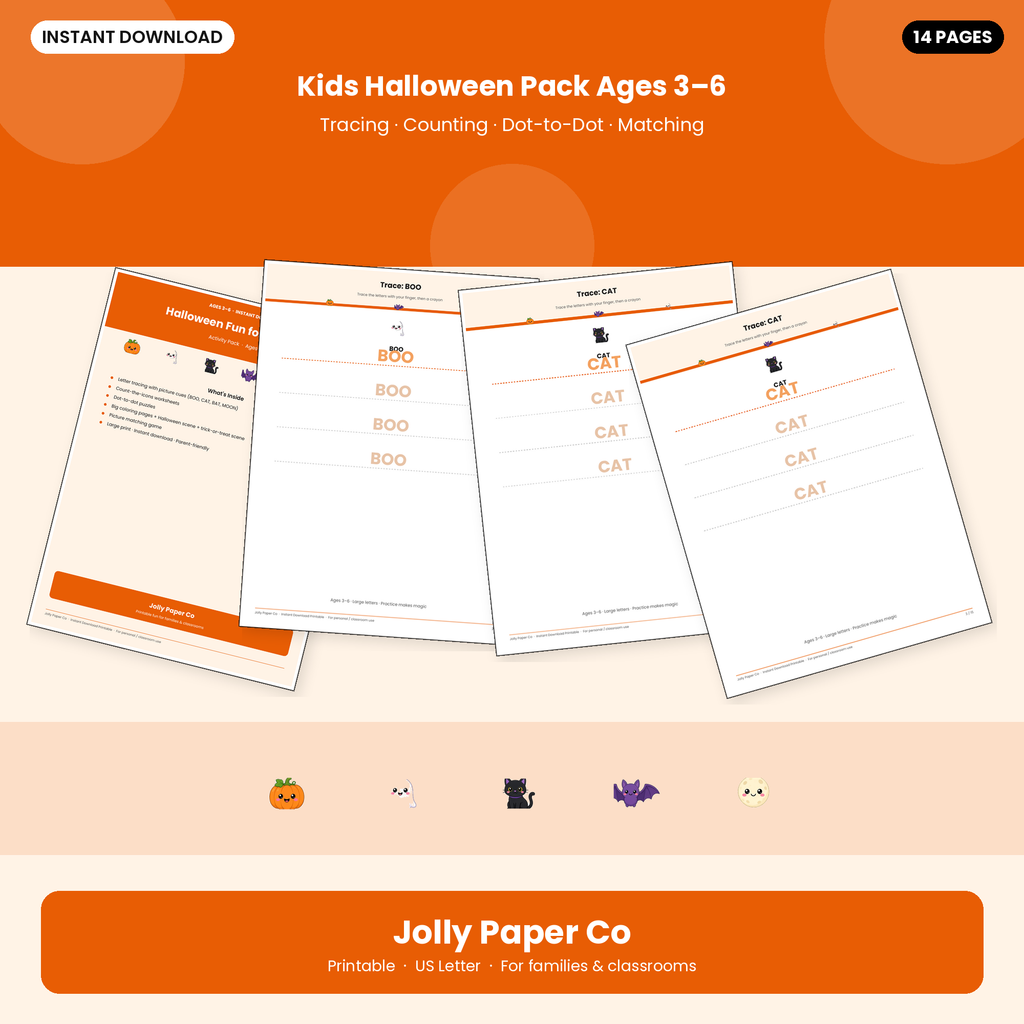 Halloween activity pack for kids ages 3–6 printable cover
