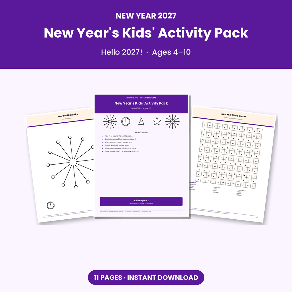 New Year's Eve 2027 kids activity pack printable cover