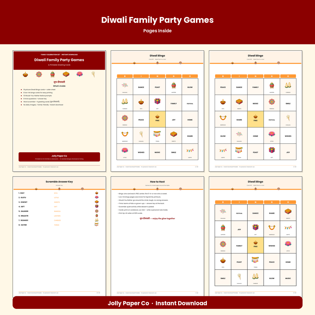Inside pages of the Diwali family party games and cards pack
