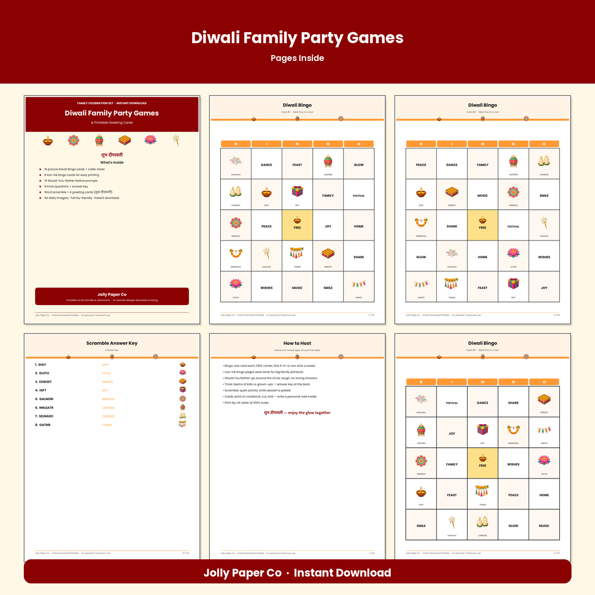 Inside pages of the Diwali family party games and cards pack