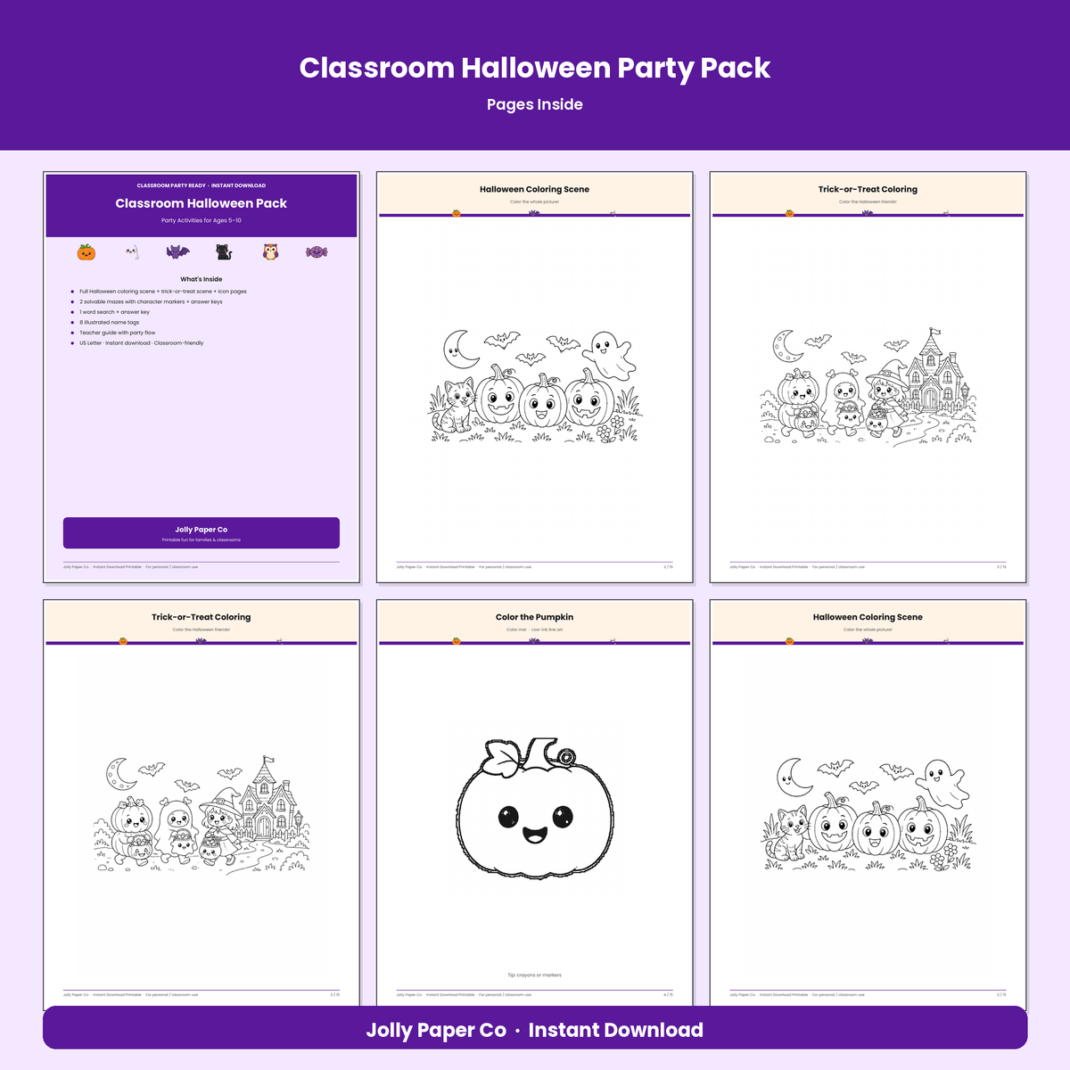 Inside pages of the classroom Halloween party pack
