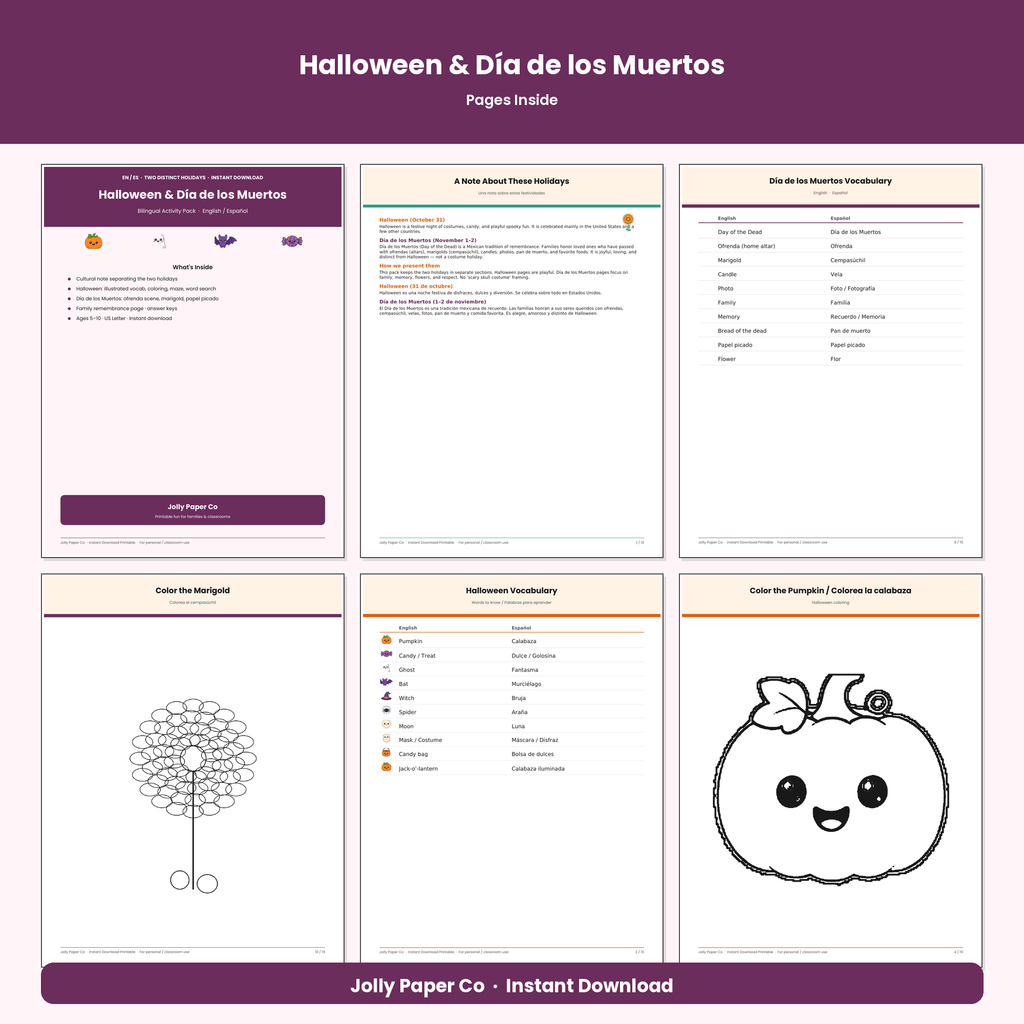 Inside pages of the bilingual Halloween and Día de los Muertos pack
