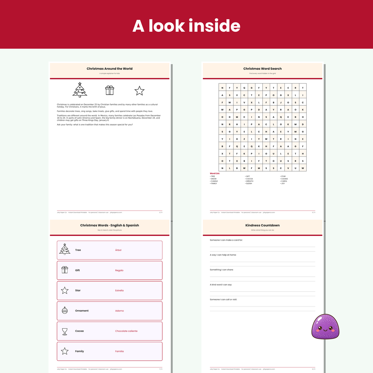 Inside pages of the Christmas kids activity pack