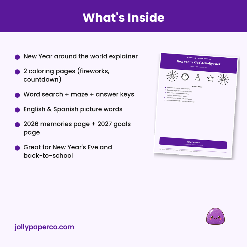 What's included in the New Year's Eve kids activity pack