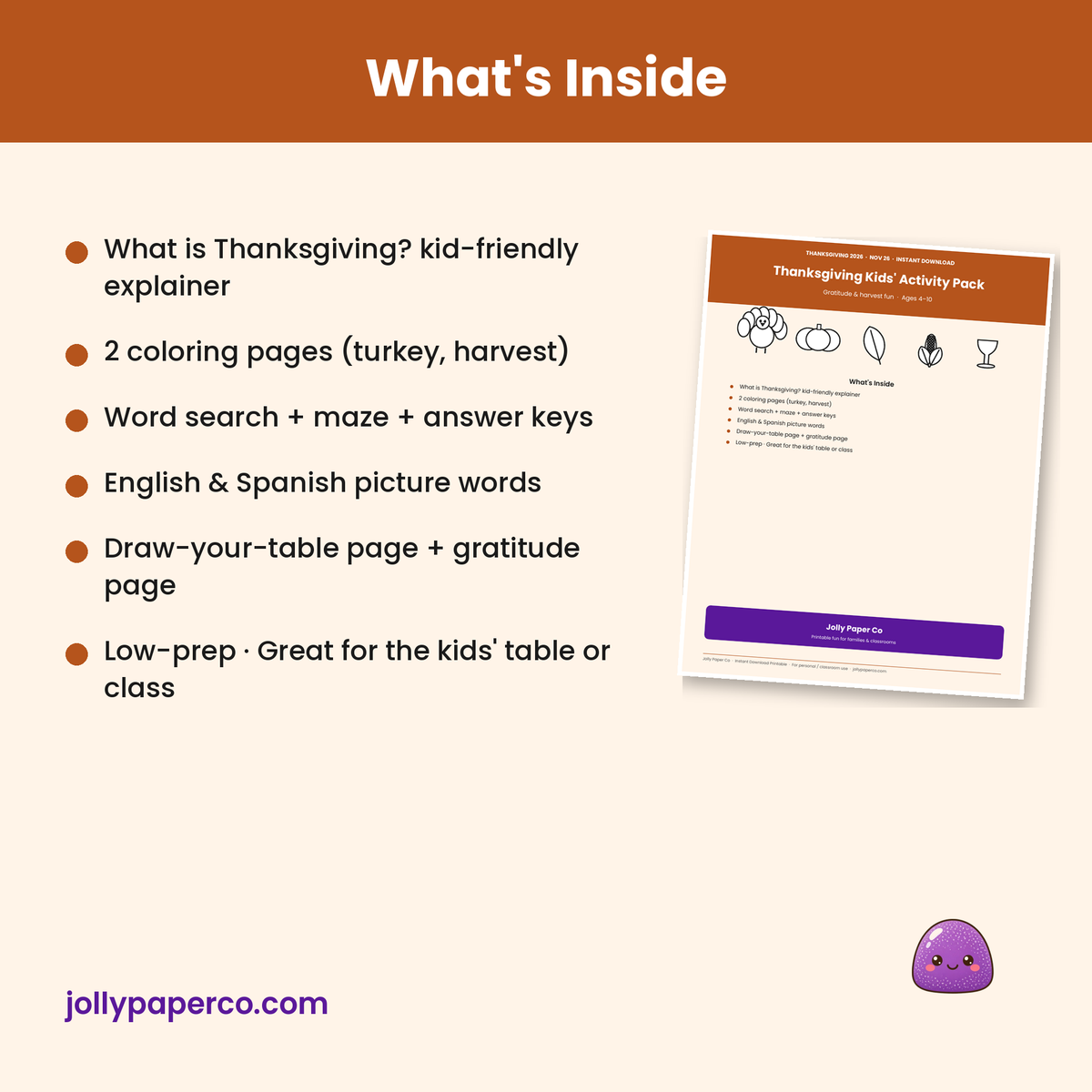 What's included in the Thanksgiving kids activity pack