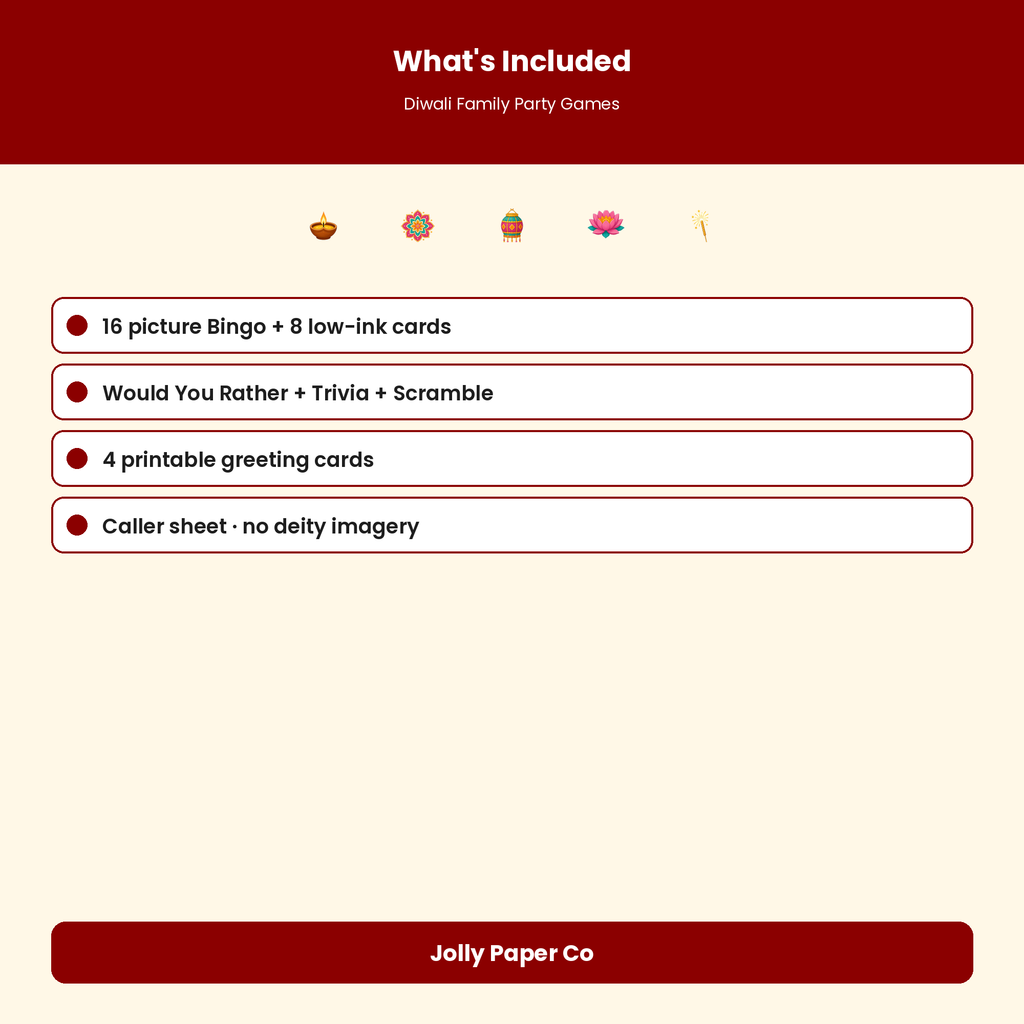 What's included in the Diwali family party games and cards pack