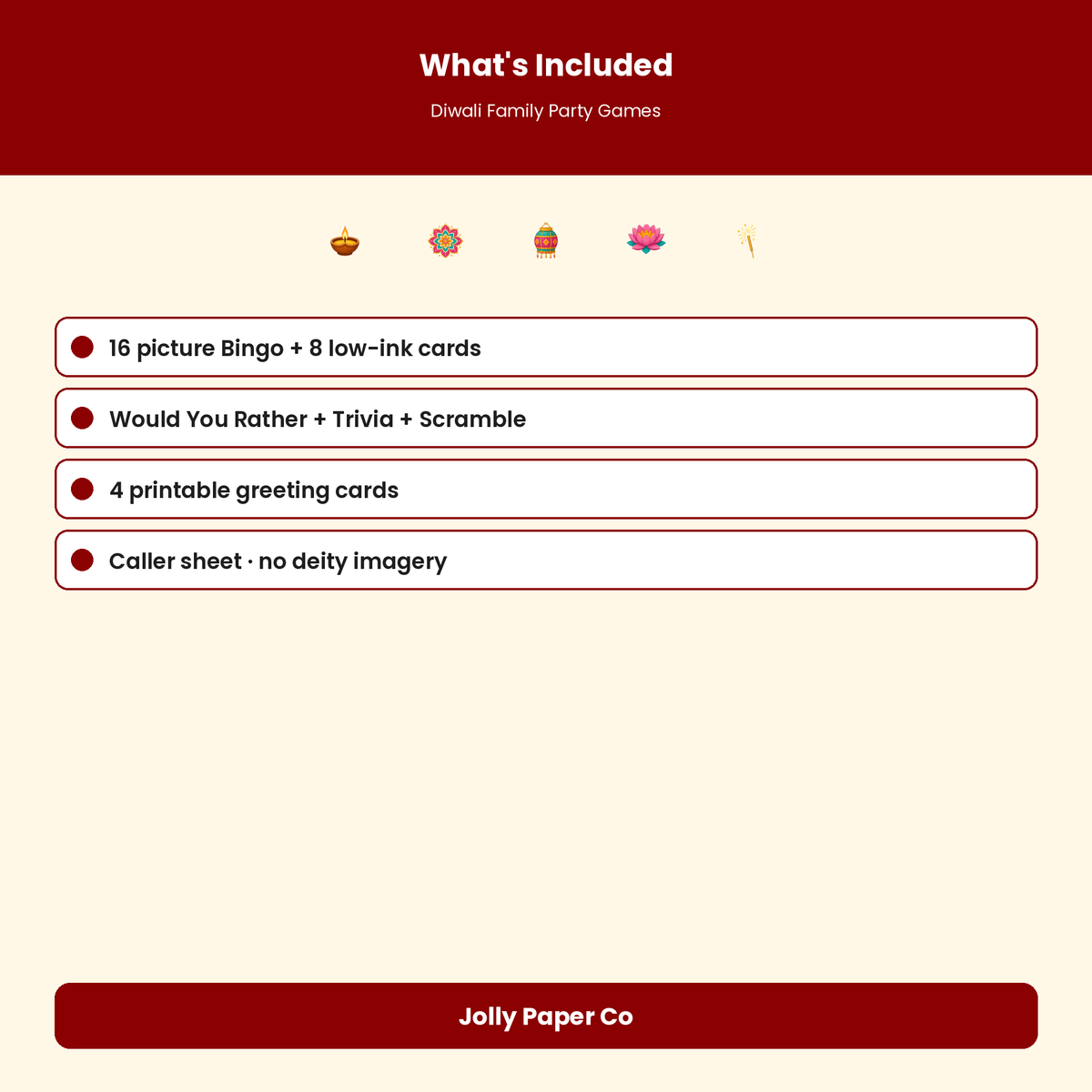 What's included in the Diwali family party games and cards pack