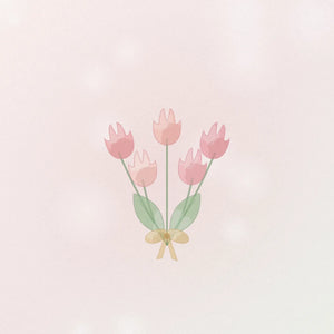 Diseño de tarjeta del Día de la Madre con un ramo de tulipanes rosas atado con una cinta dorada