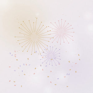 Diseño de tarjeta de Año Nuevo con fuegos artificiales dorados y lilas