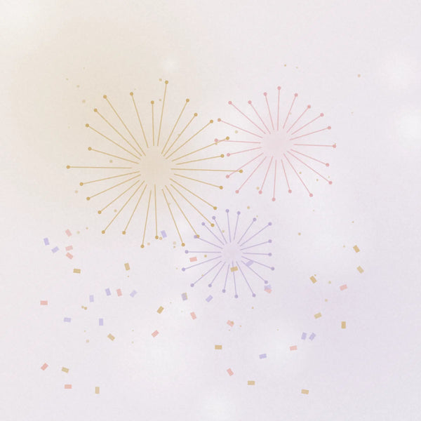Diseño de tarjeta de Año Nuevo con fuegos artificiales dorados y lilas