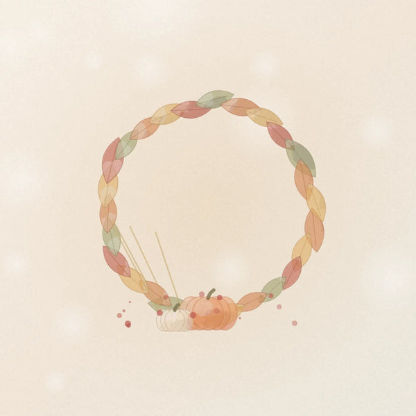Diseño de tarjeta de Acción de Gracias con una corona de hojas de otoño y una pequeña calabaza